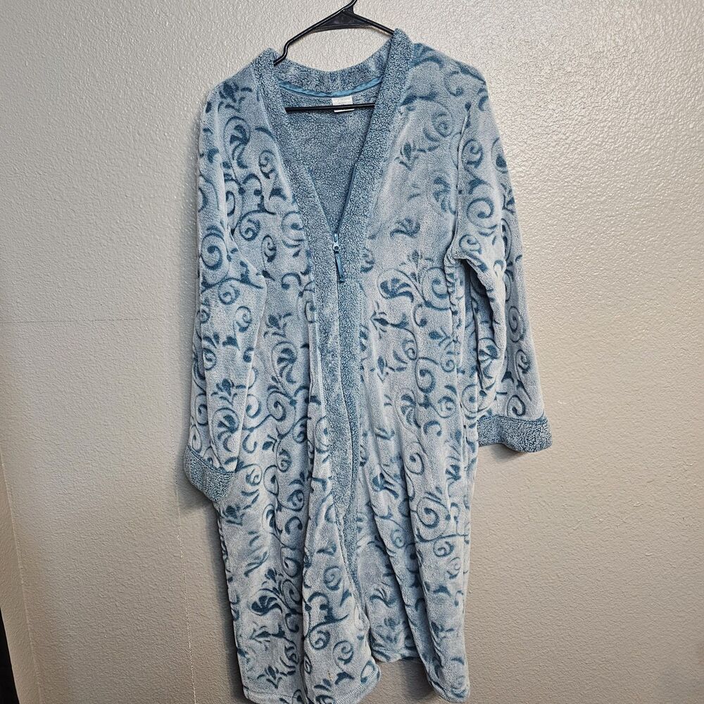 Croft & Barrow 1X Women's Plush Robe Blue Floral Scroll Faux Fur Zip Front W855